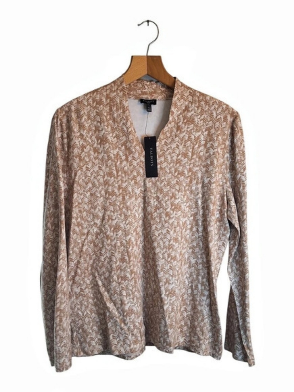 Talbots Chevron Pointelle V-Neck Pullover Blouse Brown & White PXL